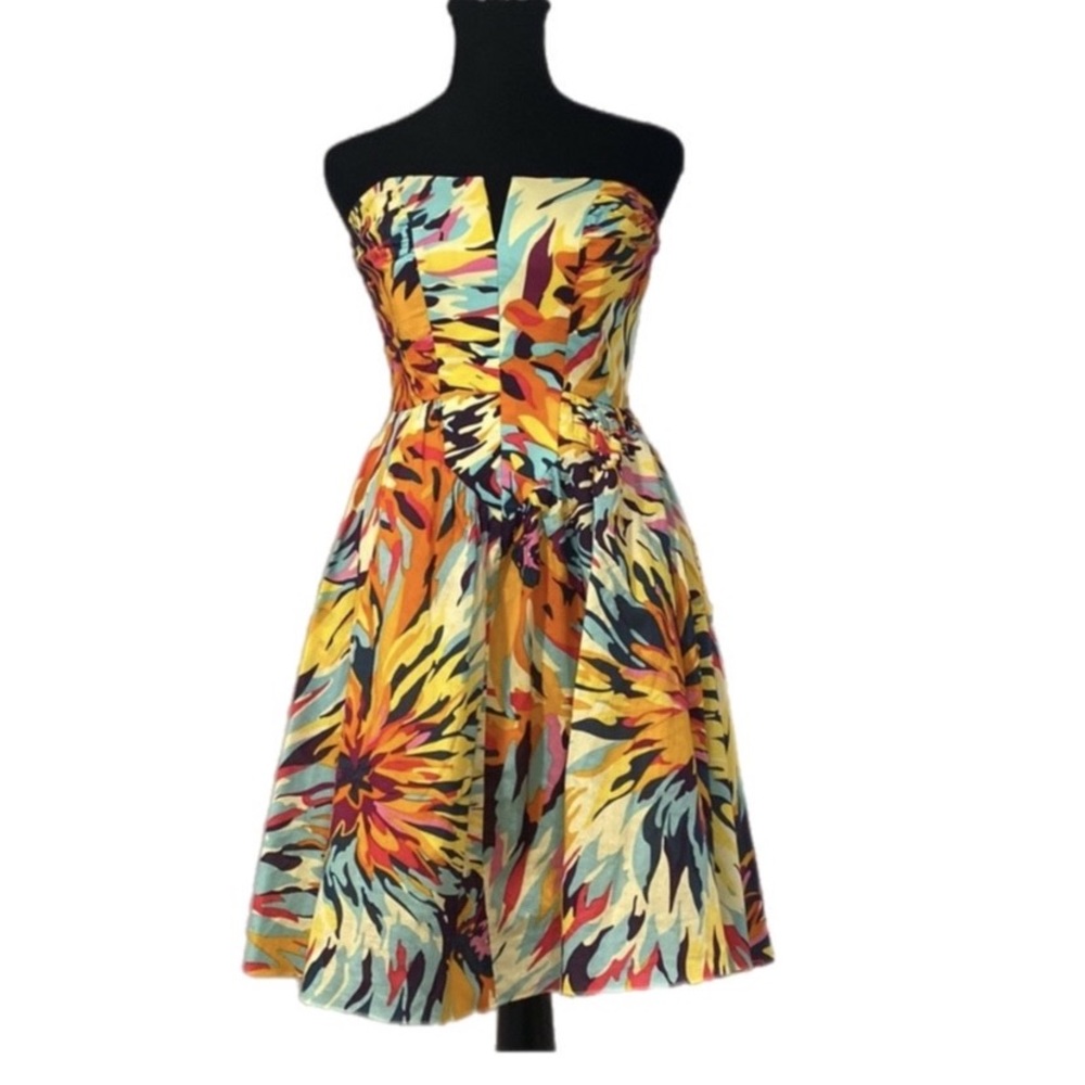 Vintage 90s Y2K NICOLE MILLER Strapless Cocktail Dress Tropical Floral Print XS - Picture 1 of 7